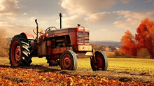 An Old Red Tractor Works In Golden Autumn-hued Fiel, Surrounded By Bales Of Hay And The Rustic Charm