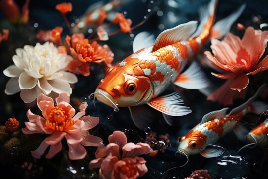 Koi fish in a pond with lotus flowers