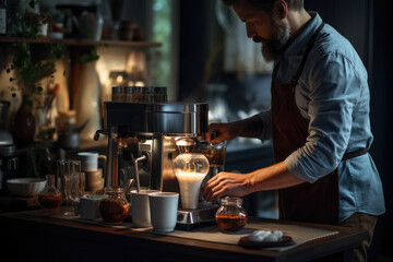 Sticker - A person making a gourmet coffee at home, showcasing the art of home barista skills and coffee culture. Generative Ai.