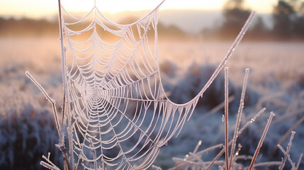 delicate frost-covered spiderweb on an early winter morning