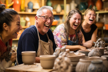 Canvas Print - In a pottery studio filled with laughter, a group of seniors molds clay into beautiful creations, symbolizing the transformative power of discovering a passiom. Generative Ai.