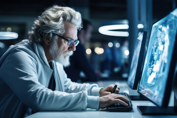 A silver-maned gentleman sits at a computer, engrossed in a coding tutorial, showcasing the modern pursuit of learning new technological skills in retirement. Generative Ai.