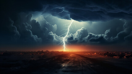 Wall Mural - single bright lightning bolt illuminating stormy sky