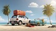 © Shahabuddin - 3d render of car on a beach with suitcases in the overload on the roof summer vacation concept, with palm trees