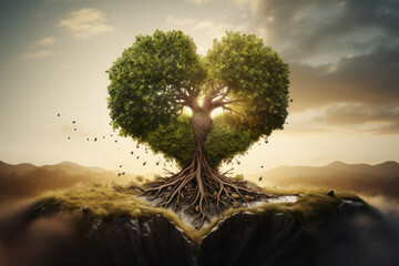 Poster - A tree with roots shaped like a heart, conveying the growth of trust in relationships. Generative Ai.