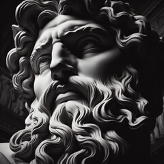 Handsome marble statue of powerful greek god Zeus over dark background, The powerful king of the gods in ancient Greek religion.