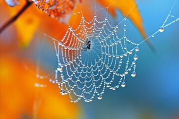 Wall Mural - Close up of delicate spider s web with intricate patterns and dewdrops glistening in sunlight