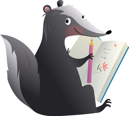 Wall Mural - Skunk drawing a picture in forest, animal school for art and craft or writing in journal. Art and craft activity, diary clipart for kids education. Isolated animal for children. Vector illustration.