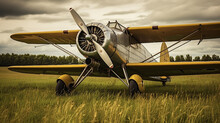Vintage Propeller-driven Aircraft Parked In A Grassy, Rural Airfield