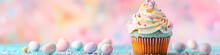 Easter Cupcake On A Pink Background With Colorful Candy Eggs And Sprinkles, Easter Dessert Banner
