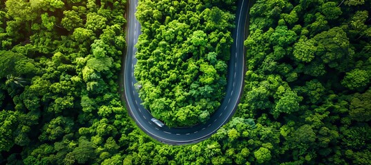 Aerial view of car driving on asphalt road through lush green rainforest environment