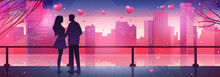 Man Woman Lovers Walking In Park With Red Hearts In Air Happy Valentines Day Celebration Concept Cityscape Background