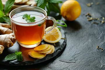 Sticker - Ginger tea and ingredients arranged on a dark stone table representing still life food and healthcare with emphasis on selective focus