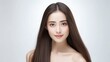 © Vibes 16:9 - Beautiful Asian Thai Thailand Woman Portrait Studio Photo Photography Profile Picture Young Model with Long Hair for Fashion Beauty Skincare Haircare Products on Light Gray Solid Color Background 16:9