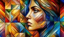 Geometric Mosaic Woman Portrait.
Vibrant Stained-glass Style Portrait Of A Woman With Geometric Shapes.