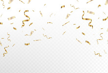 Gold Confetti And Ribbon Streamers Falling On A Transparent Background. Blur. Can Be Used For Celebrations, Christmas, New Year, Carnival Celebrations, Valentine's Day, Holidays, National Holidays, Et