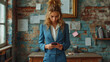 female business executive in a blue suit looking at her cellphone - texting - deep in thought - serious expression - stylish fashion - leader - planning
