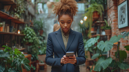 Black female business executive in a blue suit looking at her cellphone - texting - deep in thought - serious expression - stylish fashion - leader - planning
