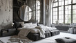 Luxury bedroom interior with minimal decor, loft style . Ai Generative
