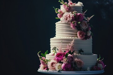 Poster - Large three tiered white wedding cake adorned with pink cream and fresh flowers Isolated on a black background Horizontal color photo