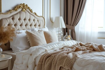 Wall Mural - Bedroom with dark blue wall featuring a simple white bedside table adorned with decorations near a comfortable bed