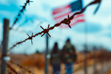 US State Border Fence. Background With Selective Focus And Copy Space