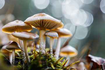 Mushrooms in the forest. Background with selective focus and copy space