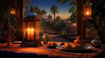 Wall Mural - Candle lantern decoration, with sweet dates. Islamic holiday Ramadan Kareem ornament wallpaper background.	