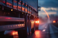 Description Of Shadowy Big Rig On Blurred Roadway With Indistinct Truck And Trailer Backdrop