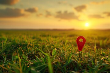 Goal dream end picnic victory depicted in a mixed media artwork featuring a green field sunset and a big red pin