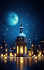 Wall Mural - Eid Mubarak Background Ornamental Arabic lantern with crescent moon - Ramadan Kareem Generative Ai