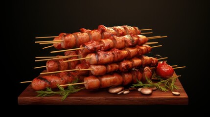 Wall Mural - Close up view of grilled sausage, with sauce and rosemary.	
