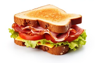 Canvas Print - Top view of a sandwich with ham cheese tomatoes lettuce and toasted bread isolated on a white background