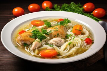 Wall Mural - Chicken noodle soup with veggies served in a white bowl