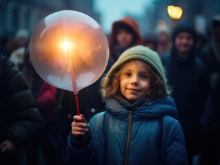 Sticker - A young boy holding a balloon in front of a crowd. Generative AI.