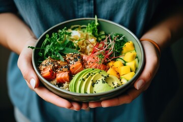 Sticker - Top view of a woman s hands holding a poke bowl with Hawaiian ahi salmon rice avocado cucumber mango and herbs a fish based diet meal