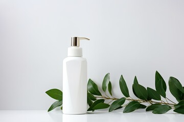 Poster - White background with white cosmetic products and green leaves, representing the concept of branding mock-up for natural beauty products.