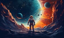 Astronaut explores an alien planet. Starman in space. Colorful abstract astronomy, Generative AI 