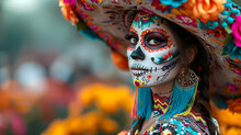 Mexican Woman Dressed For The Day Of The Dead Celebration.