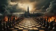 illustration of a chess game, with dark cinematic light.