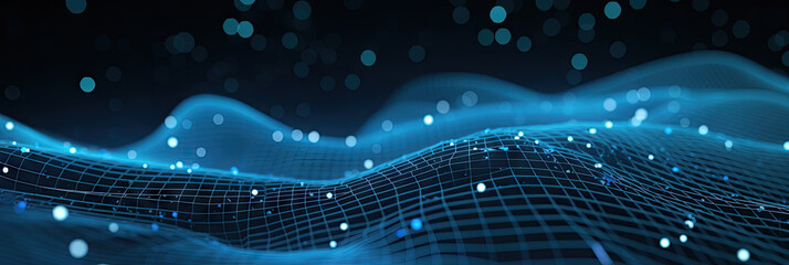 Wave of dots and weave lines. Abstract blue background for design on the topic of cyberspace, big data, metaverse, network security, data transfer on dark blue abstract cyberspace background