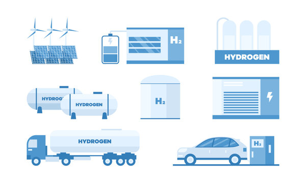 Hydrogen production set vector illustration. Cartoon isolated infographics of green innovation technology, H2 electrolysis plant station for power generation and transport, hydrogen storage tank
