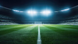 Fototapeta Sport - stadium lights,  Football stadium arena for match with spotlight. Soccer sport background, green grass field for competition champion match. 