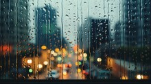 Background View Of Wet Building Window Glass Condensed By Rainwater. With Blurry Urban Views At Night.