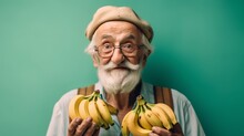 Elderly Man Holding Bananas And Looking At Camera Isolated On Green