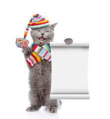 Poster -  Happy cat wearing knitted scarf and warm woolen hat with pompon shows blank list. isolated on white background