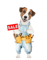 Wall Mural - Funny puppy wearing denim overalls with tool belt shows signboard with labeled 