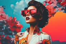 Collage Of A Girl In A Bright Blouse On An Abstract Background.