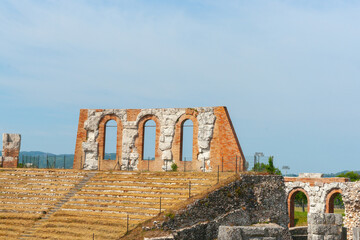 Sticker - Section of amphitheater are the ruins of a 1st-century ancient Roman theatre in Gubbio, Umbria in Italy.