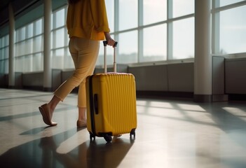  Woman with yellow suitcase walking at the airport